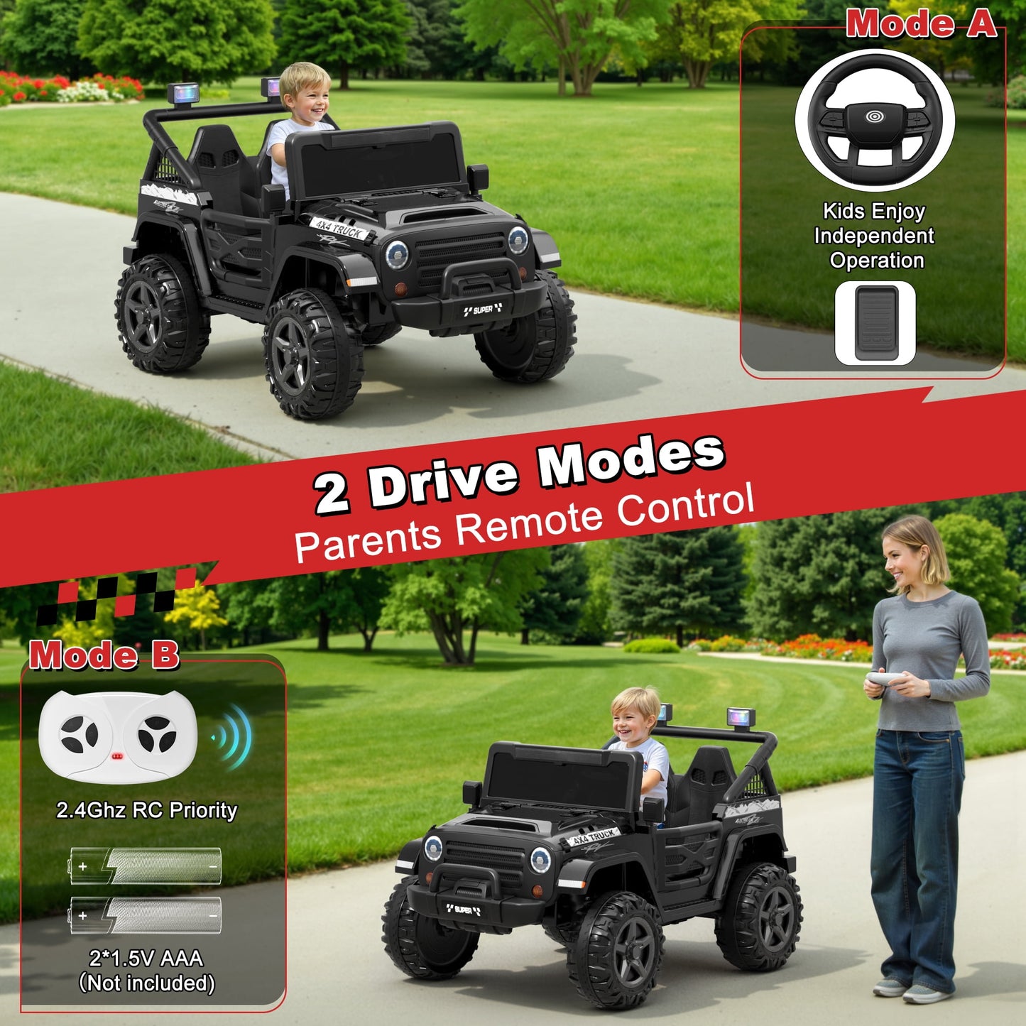 Wisairt 24V 9Ah Kids Ride on Truck, 2 Seater Powered Ride on Car w/Remote Control and Openable Storage Space, Bluetooth, Music, Colorful LED Lights, Electric Car for Kids Ages 3-8