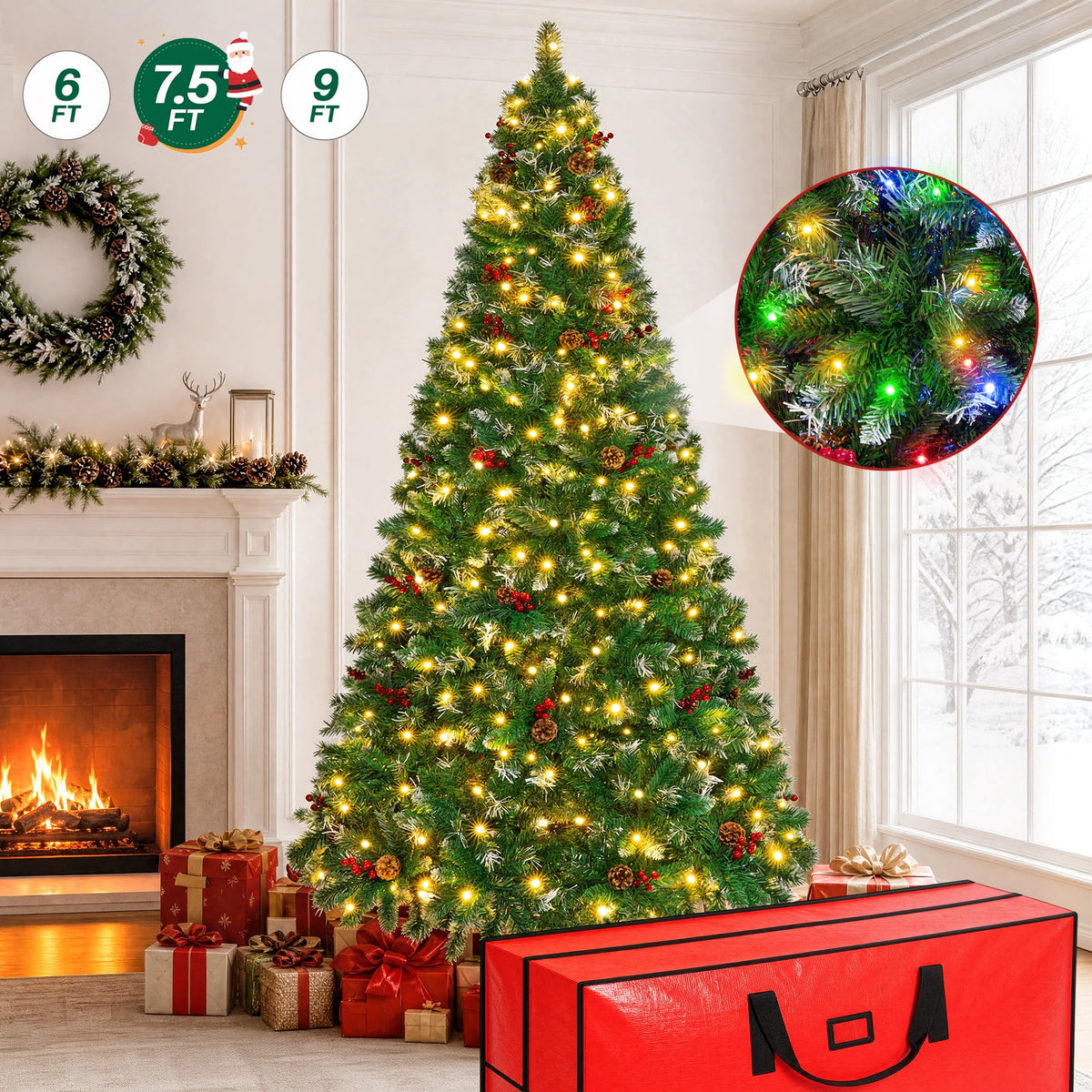 7.5FT Pre-Lit Artificial Christmas Tree, 1308 Tips Snow-Tipped Pine, 400 LED lights with 11 Modes Adjustable