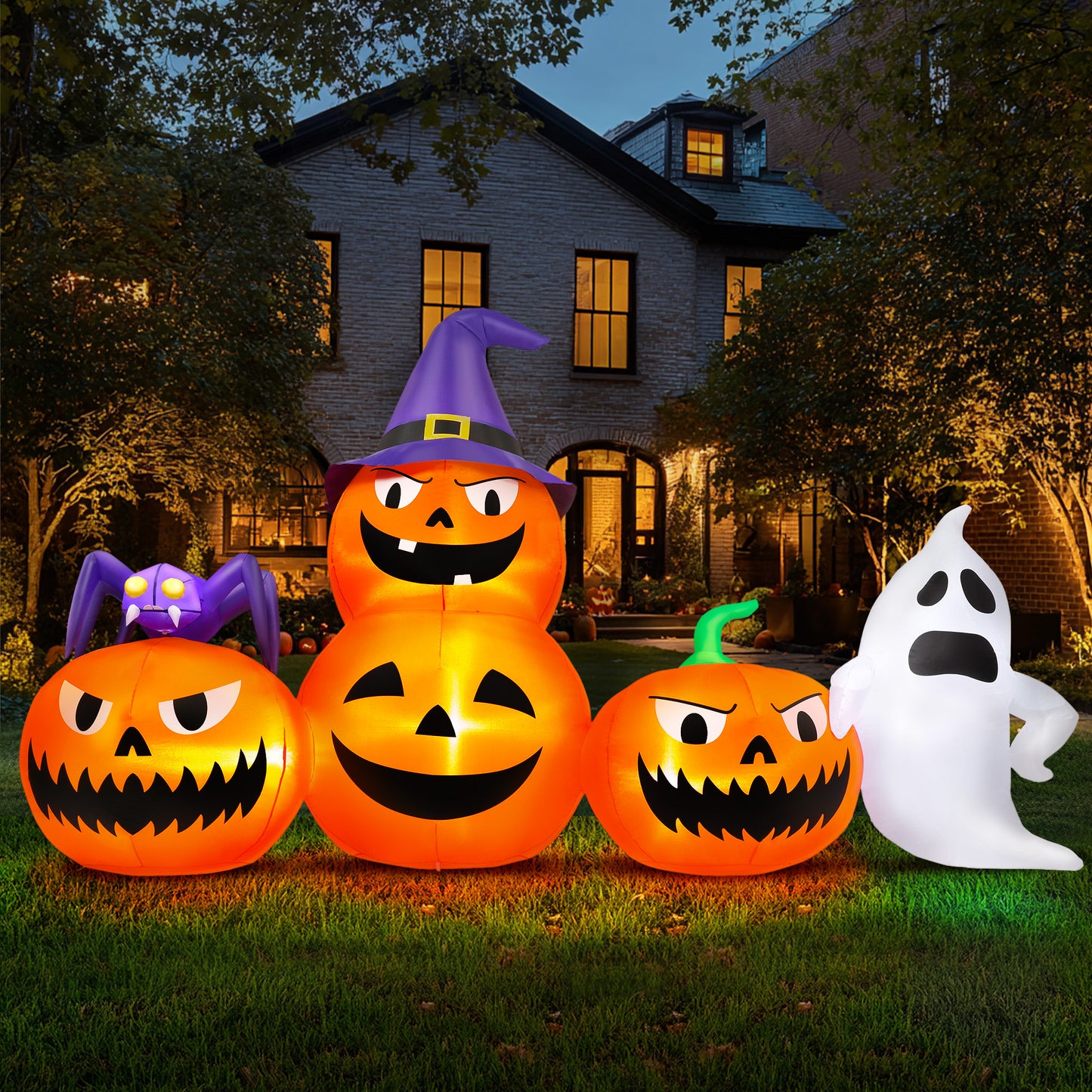 Vrilay 9ft Long Halloween Inflatable with LED Lights, Blow up Pumpkin Ghost Spider for Halloween Outdoor Holiday Yard Decorations