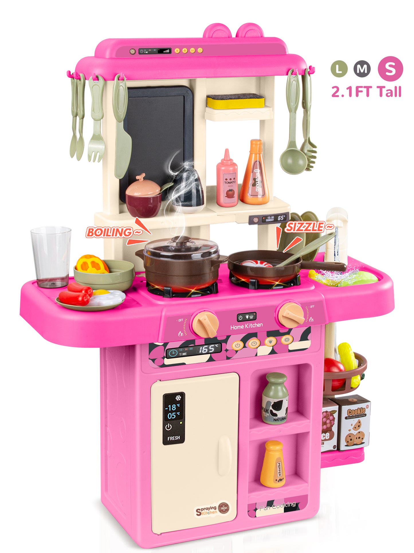 Wisairt Play Kitchen Set for Kids, 2.1FT Tall Toy Play Kitchen w/ Realistic Lights Sounds Simulation Spray for Toddlers Girls Boys Gift 42Pcs