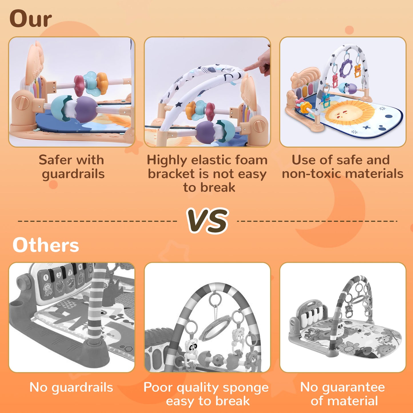 Vomeast Baby Gym Play Mat with Security Guardrail and Sensory Toys, Kick and Piano Gym for Newborn Babies 0-36 Months, Apricot Gray