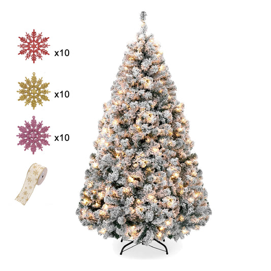 Vrilay 6/7.5/9Ft Pre-Lit Snow Flocked Artificial Christmas Tree, with LED Lights, Metal Hinges and Foldable Base