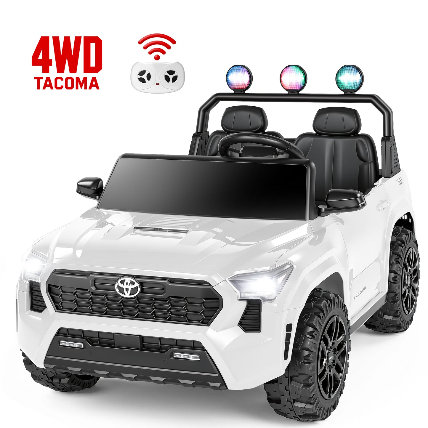 24V Ride On Car for Kids, 4WD Licensed Toyota Tacoma Battery Powered Ride On Toy with Remote Control, 2 Seater Power Truck Wheels, Colorful Lights, Music, Electric Car for Boys Girls 3–8, White