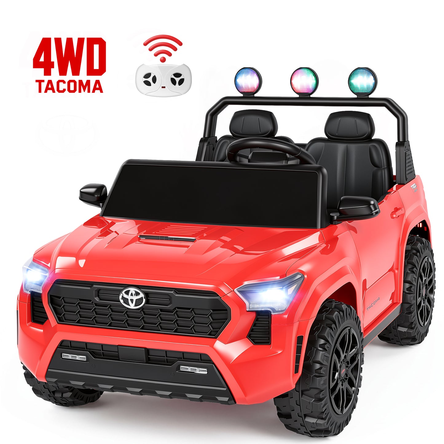 24V Ride On Car for Kids, 4WD Licensed Toyota Tacoma Battery Powered Ride On Toy with Remote Control, 2 Seater Power Truck Wheels, Colorful Lights, Music, Electric Car for Boys Girls 3–8, Red