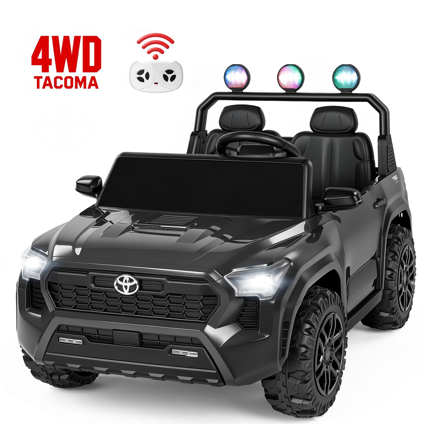 24V Ride On Car for Kids, 4WD Licensed Toyota Tacoma Battery Powered Ride On Toy with Remote Control, 2 Seater Power Truck Wheels, Colorful Lights, Music, Electric Car for Boys Girls 3–8, Black