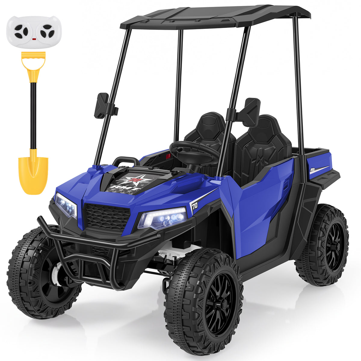 Wisairt 24V Kids Golf Cart, 4WD 2-Seater Electric Ride On Car for Big Kids, 4×200W Motors, Ages 3-8, Remote Control, Detachable Awning, Electric Dump Bed & Shovel