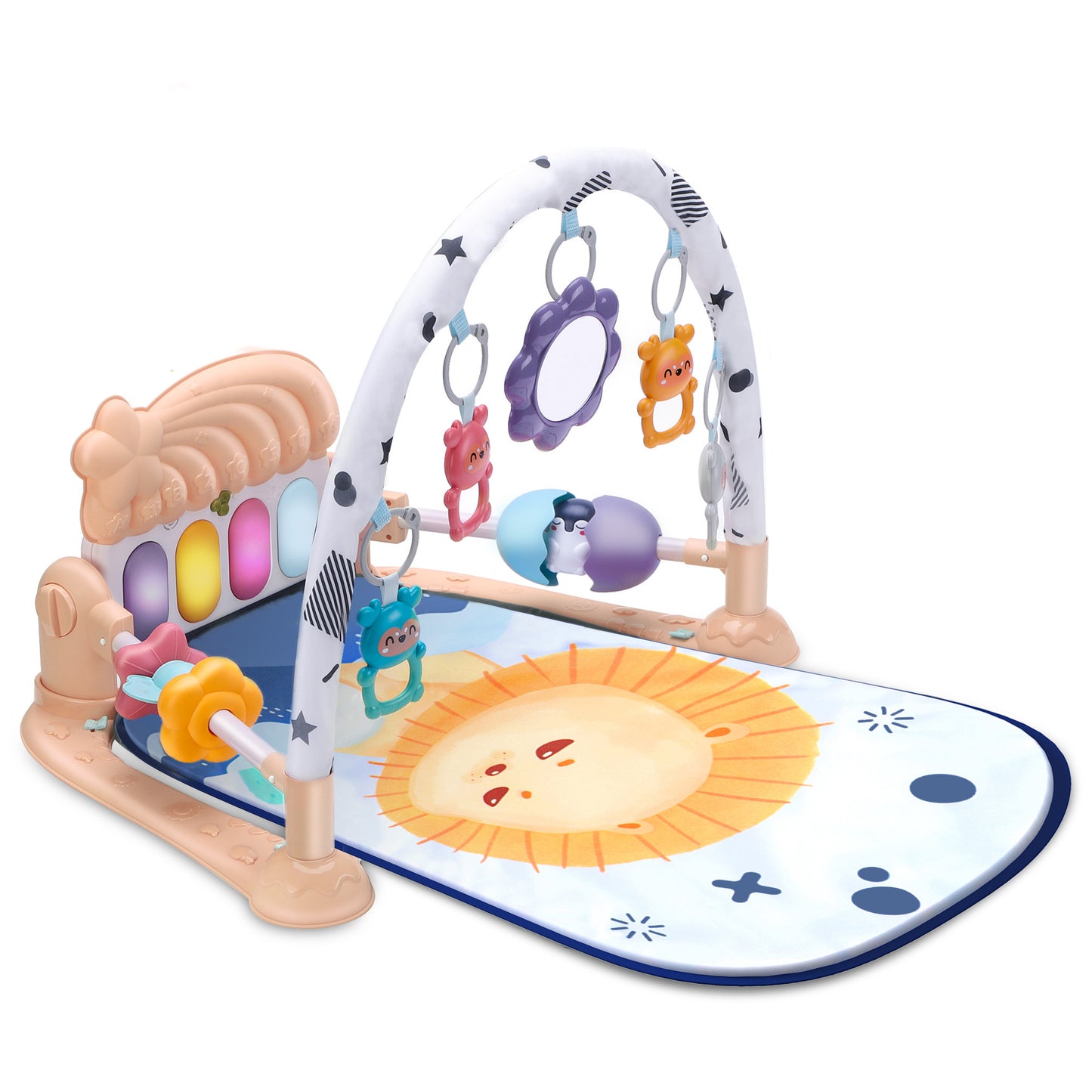 Vomeast Baby Gym Play Mat with Security Guardrail and Sensory Toys, Kick and Piano Gym for Newborn Babies 0-36 Months, Apricot Gray