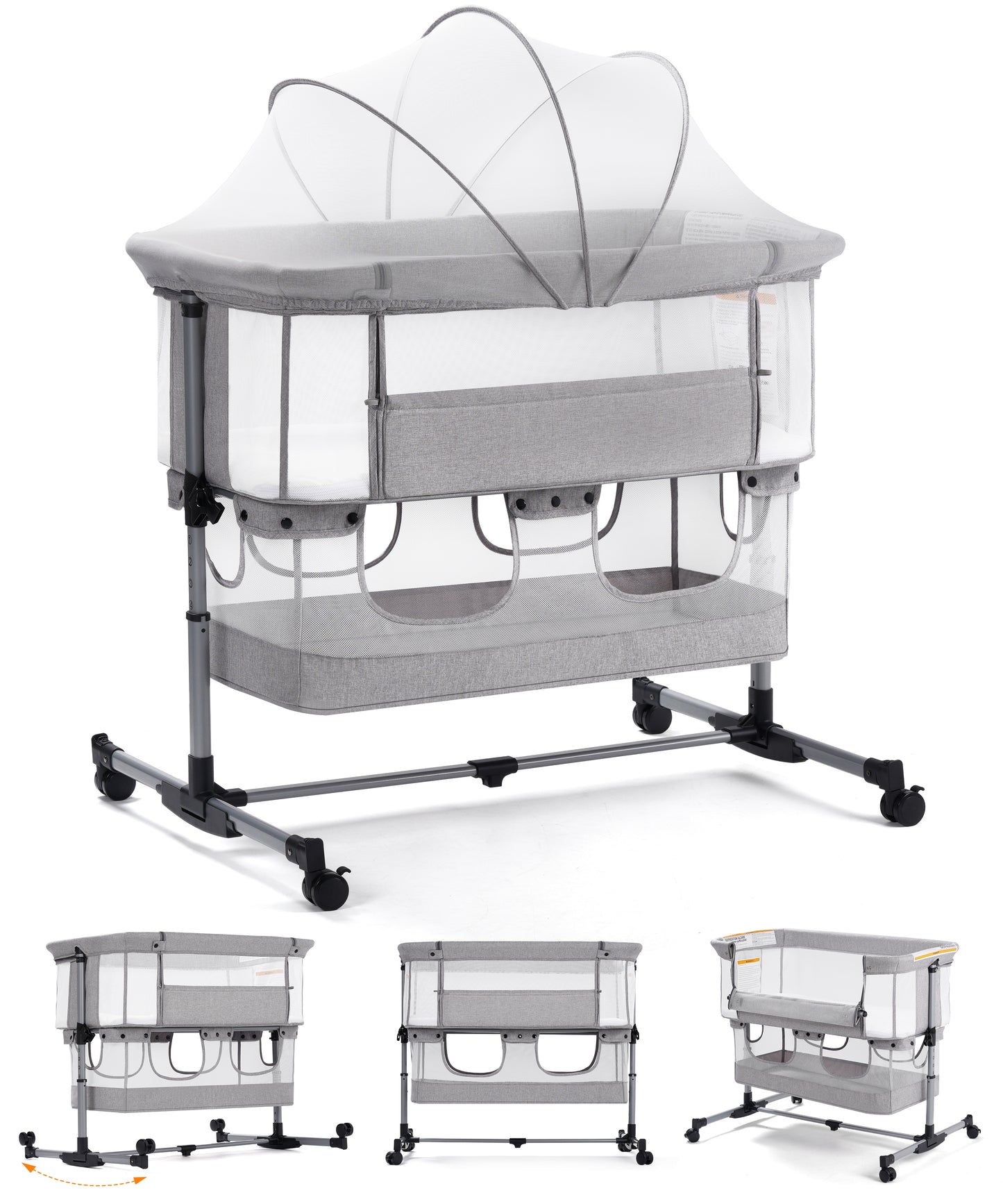 Vomeast Baby Bassinet, Bedside Sleeper Bedside Crib, Folding Portable Crib with Zipper, Grey