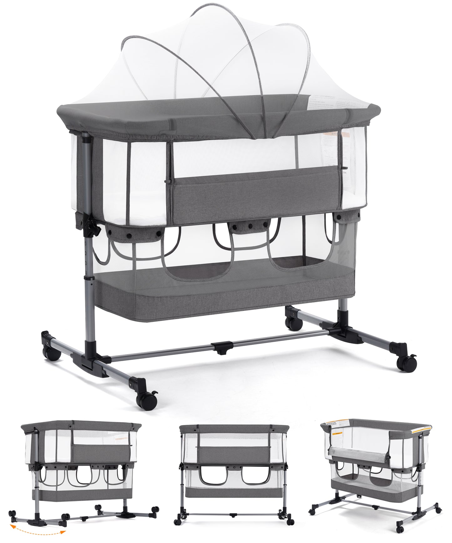 Vomeast Baby Bassinet, Bedside Sleeper Bedside Crib, Folding Portable Crib with Zipper, Grey