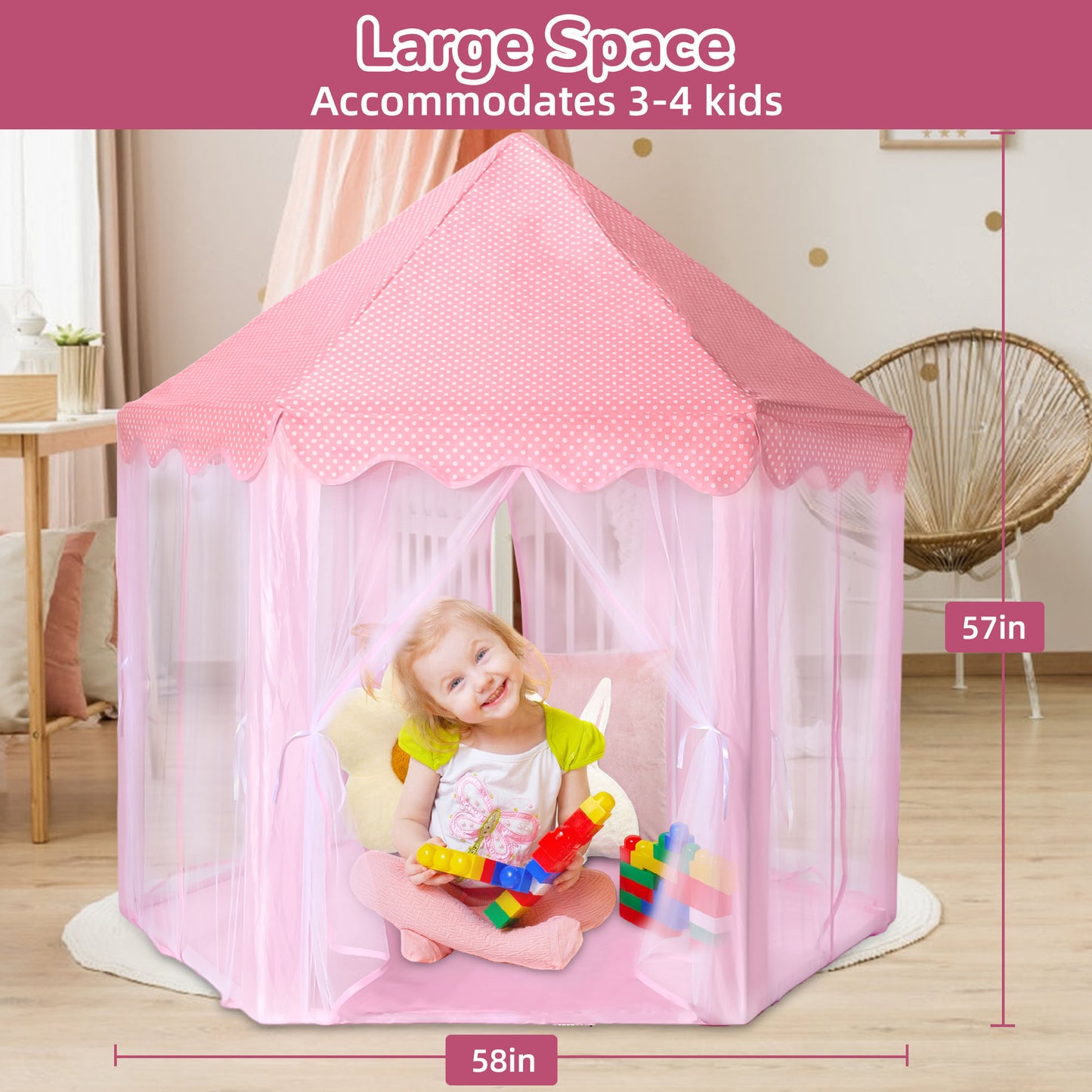 Wisairt Princess Castle Tent for Girls, Large Kids Playhouse with Star Lights for kids Toddlers Indoor Outdoor Toys (Pink)