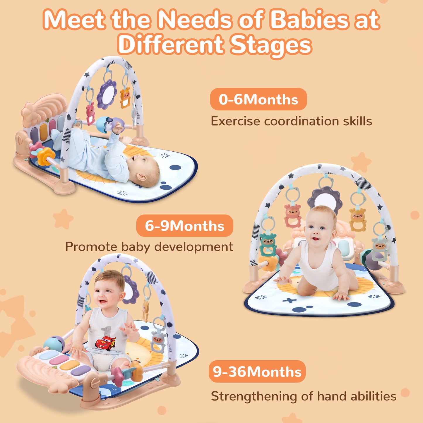 Vomeast Baby Gym Play Mat with Security Guardrail and Sensory Toys, Kick and Piano Gym for Newborn Babies 0-36 Months, Apricot Gray