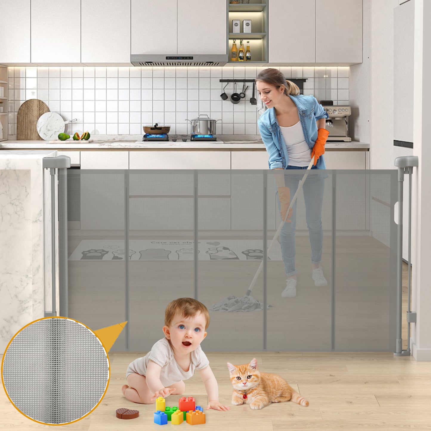 Vomeast Upgrade 60in/71in Extra Wide Retractable Baby Gates with Support Rods,Prevent Crawling Through Reinforced Dog Gates for Doorways Stairs Hallways(Grey)