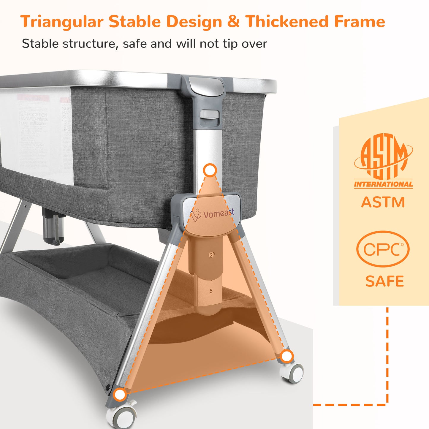 Vomeast Baby Bassinet, Bedside Sleeper Bedside Crib, Folding Portable Crib with Zipper, Grey