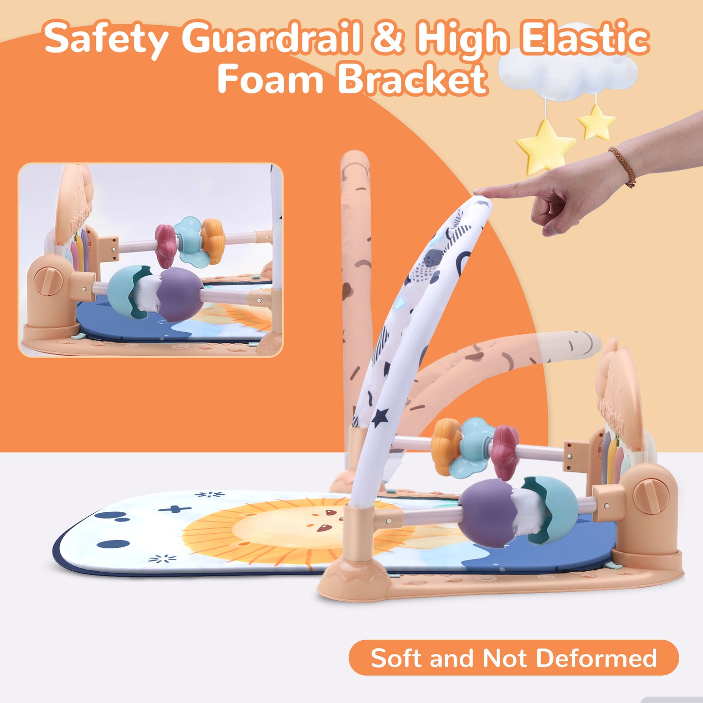 Vomeast Baby Gym Play Mat with Security Guardrail and Sensory Toys, Kick and Piano Gym for Newborn Babies 0-36 Months, Apricot Gray