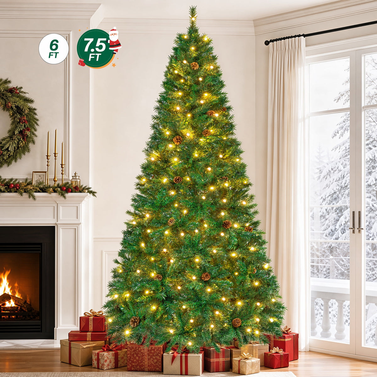 7.5FT Pre-Lit Artificial Christmas Tree, 1305 Tips Full Green Pine with 300 LED 8 Modes