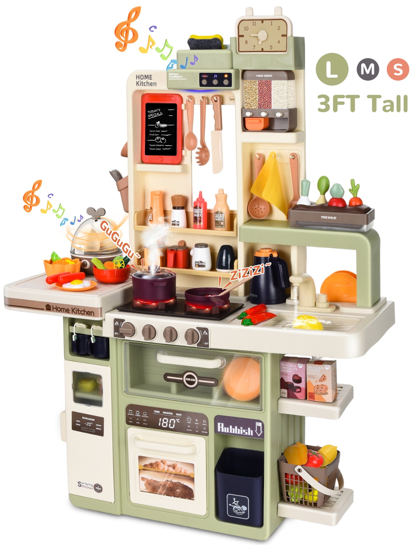 Wisairt Play Kitchen Set for Kids, 2.1FT Tall Toy Play Kitchen w/ Realistic Lights Sounds Simulation Spray for Toddlers Girls Boys Gift 42Pcs