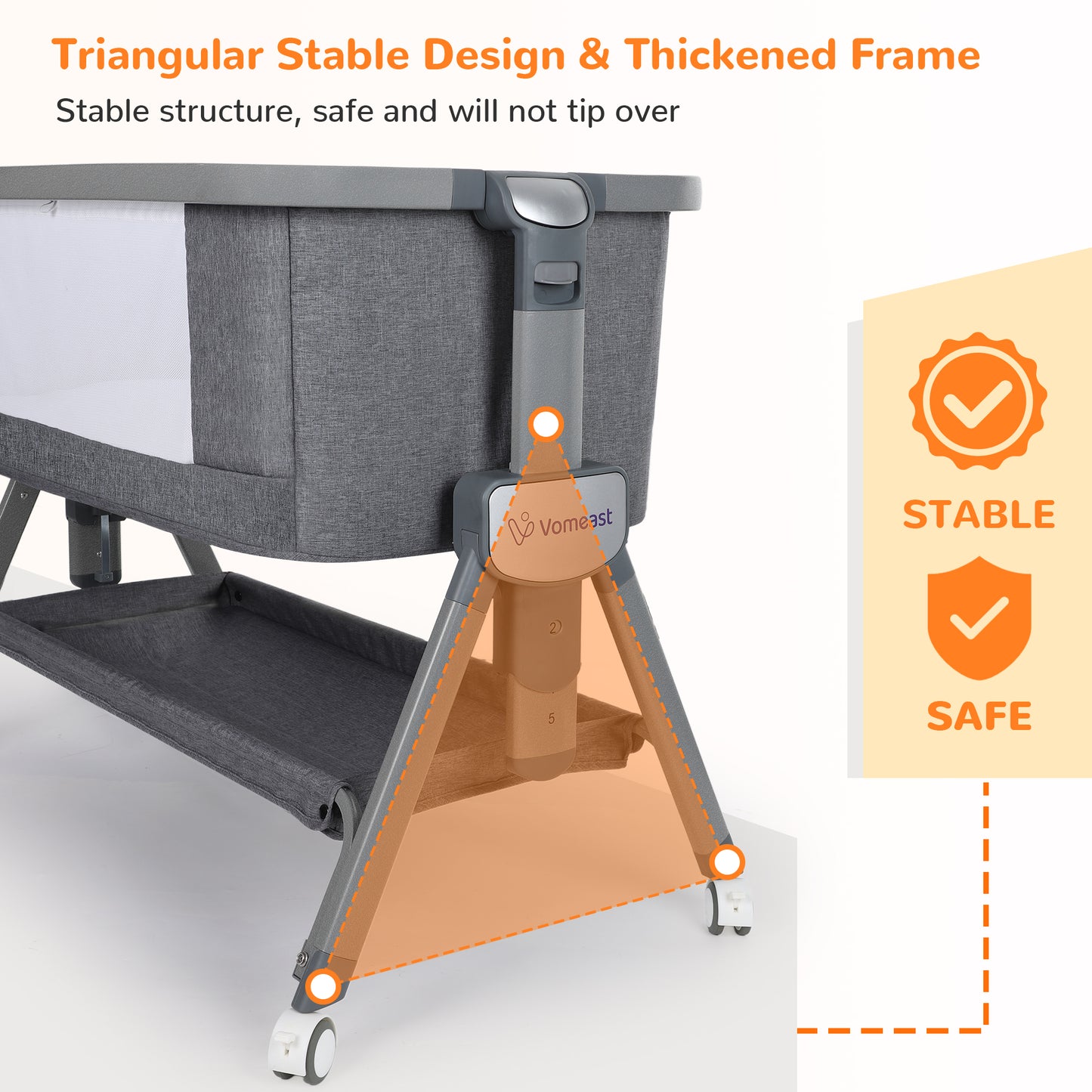 Vomeast Baby Bassinet, Bedside Sleeper Bedside Crib, Folding Portable Crib with Zipper, Grey