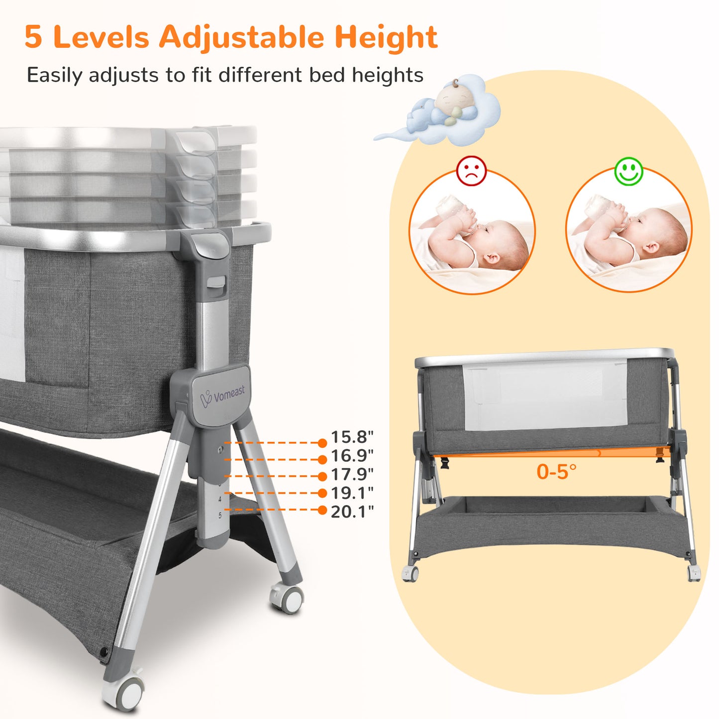 Vomeast Baby Bassinet, Bedside Sleeper Bedside Crib, Folding Portable Crib with Zipper, Grey