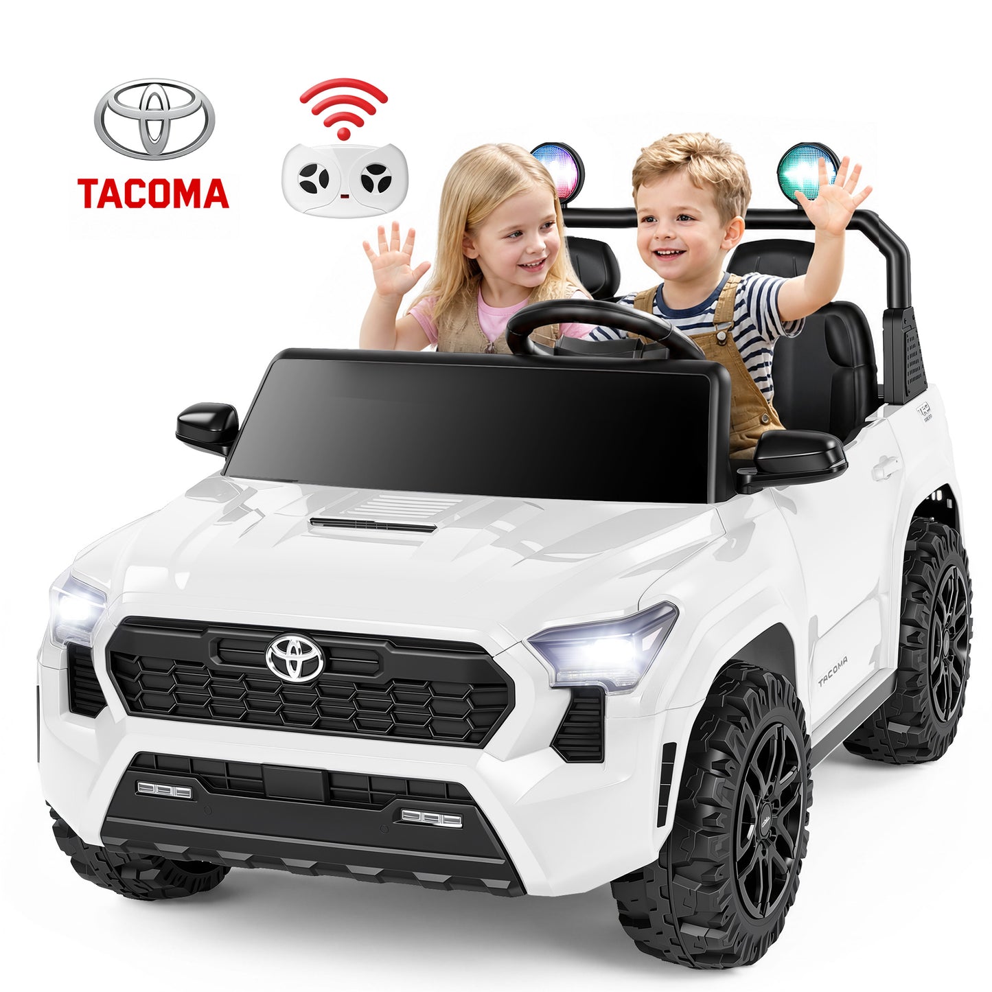 24V Ride On Car for Kids, Licensed Toyota Tacoma 2 Seater Battery Powered Ride On Truck Toy with Remote Control, 4 Wheel Suspension, Colorful Lights, Music, Electric Car for Boys Girls 3–8, White