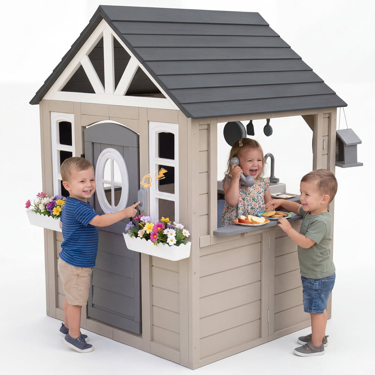 Wooden Kids Outdoor Playhouse with Play Kitchen, Working Doorbell & Bird Cage
