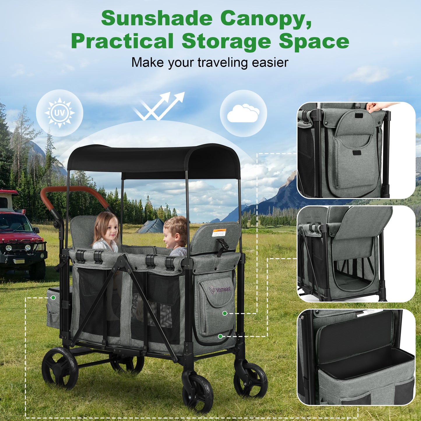 Vomeast Wagon Stroller with 2/4 Seats and Sunshade