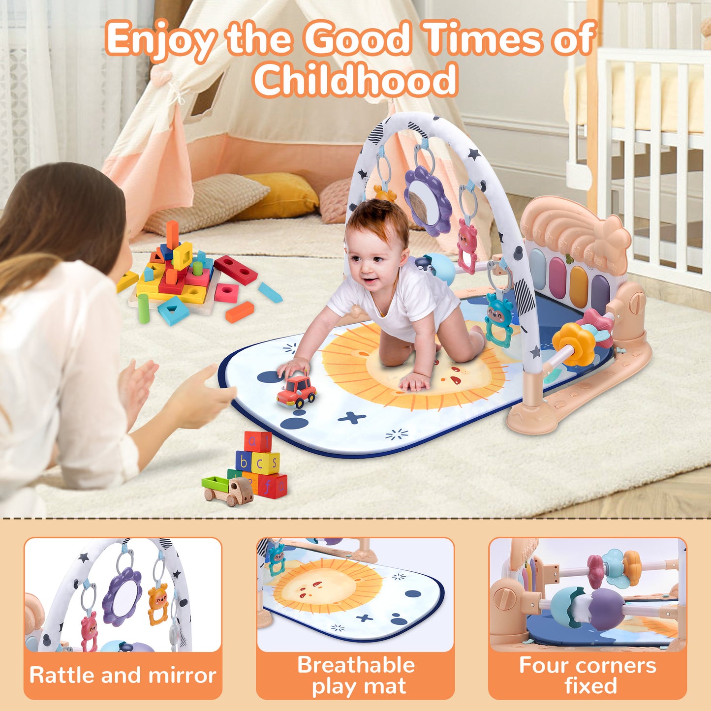 Vomeast Baby Gym Play Mat with Security Guardrail and Sensory Toys, Kick and Piano Gym for Newborn Babies 0-36 Months, Apricot Gray