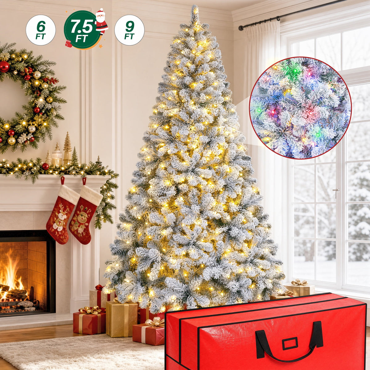 7.5FT Pre-Lit Flocked Artificial Christmas Tree, 1199 Snowy Tips, 400 LED 11 Modes
