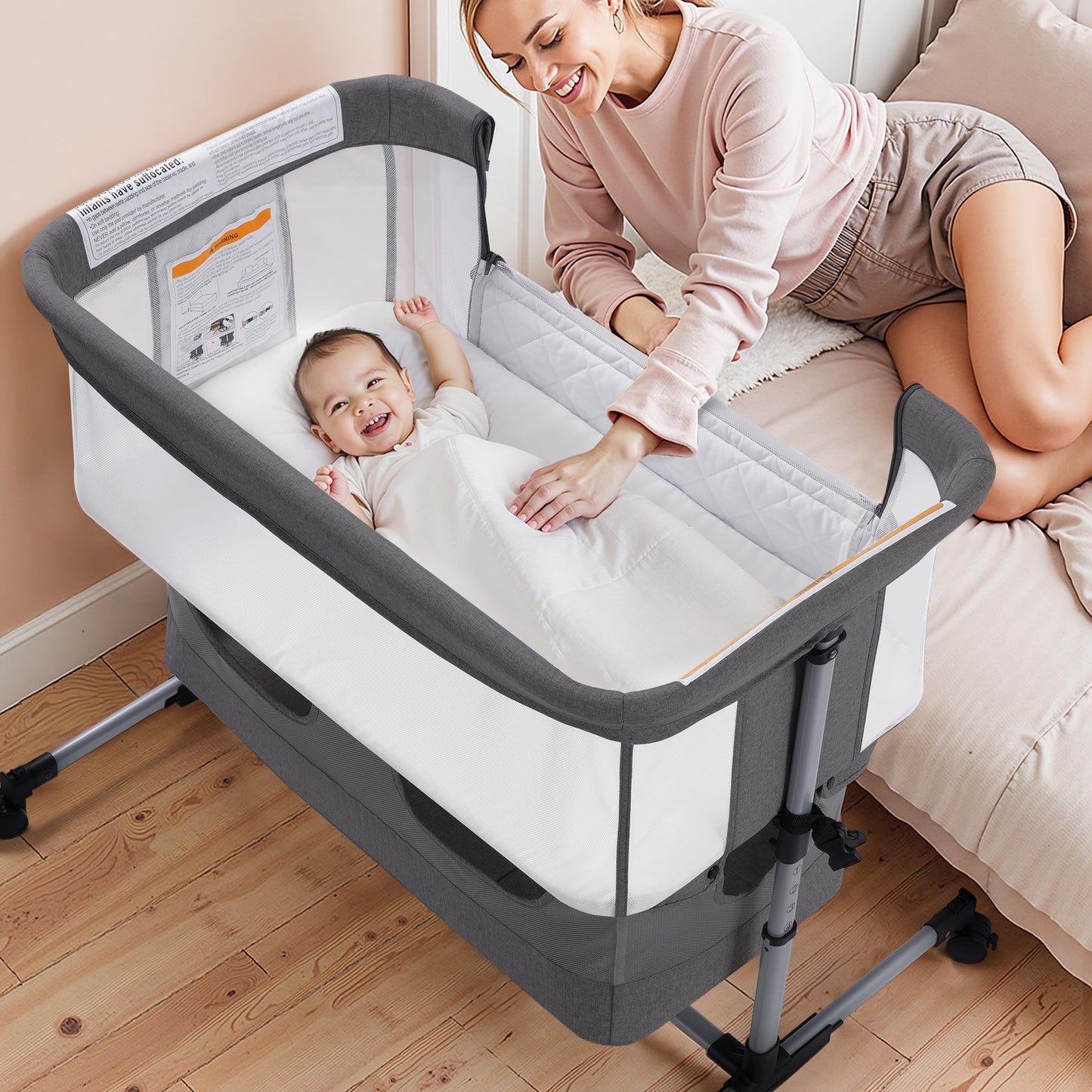 Vomeast Baby Bassinet, Bedside Sleeper Bedside Crib, Folding Portable Crib with Zipper, Grey