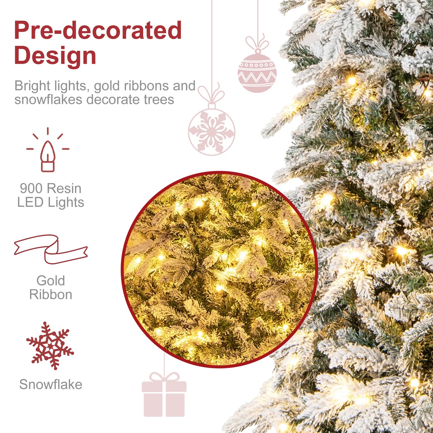 Vrilay 6/7.5/9Ft Pre-Lit Snow Flocked Artificial Christmas Tree, with LED Lights, Metal Hinges and Foldable Base