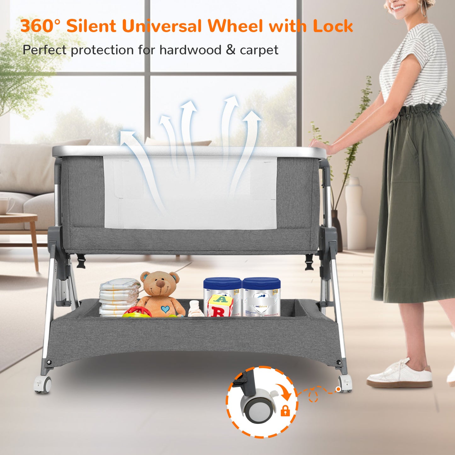 Vomeast Baby Bassinet, Bedside Sleeper Bedside Crib, Folding Portable Crib with Zipper, Grey
