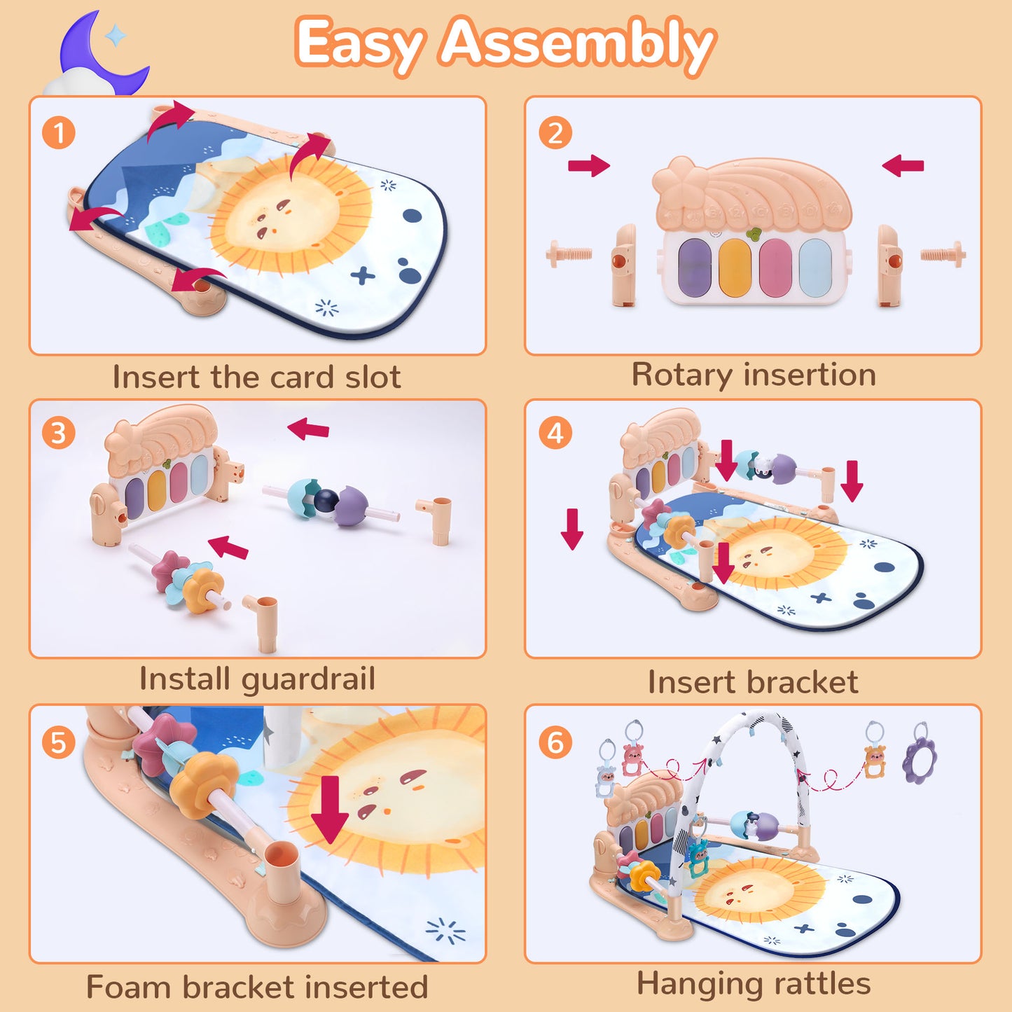 Vomeast Baby Gym Play Mat with Security Guardrail and Sensory Toys, Kick and Piano Gym for Newborn Babies 0-36 Months, Apricot Gray