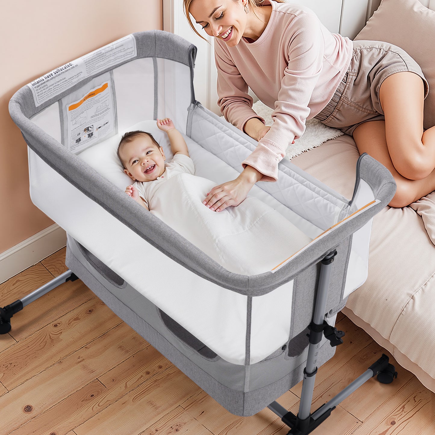 Vomeast Baby Bassinet, Bedside Sleeper Bedside Crib, Folding Portable Crib with Zipper, Grey