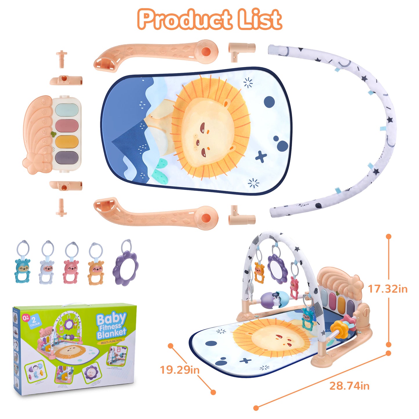 Vomeast Baby Gym Play Mat with Security Guardrail and Sensory Toys, Kick and Piano Gym for Newborn Babies 0-36 Months, Apricot Gray