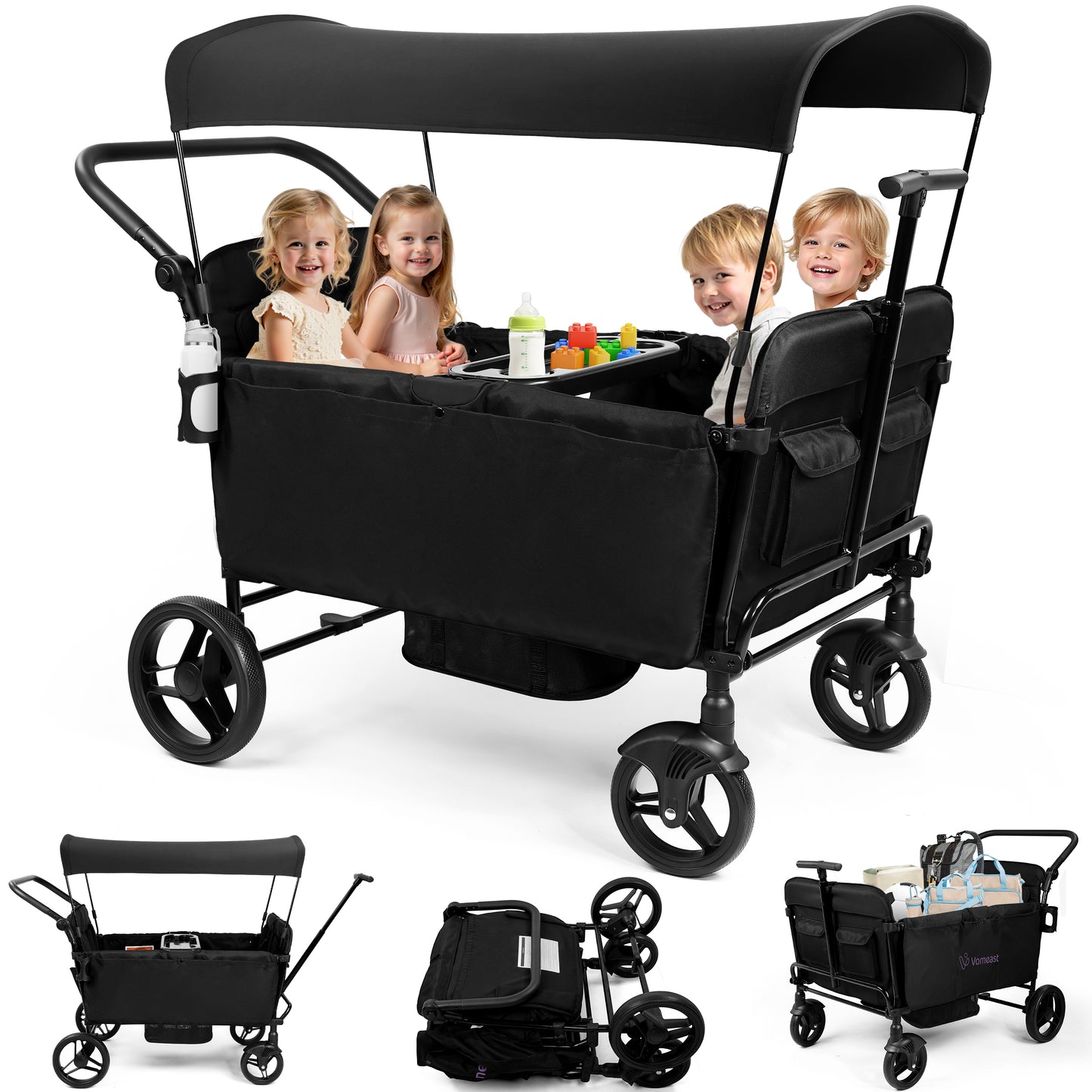 Vomeast Wagon Stroller for Kids, Spacious 2/4-Seater Stroller Wagon with Adjustable Canopy, Pull & Push Handle, 5-Point Harness, Foldable for Toddlers