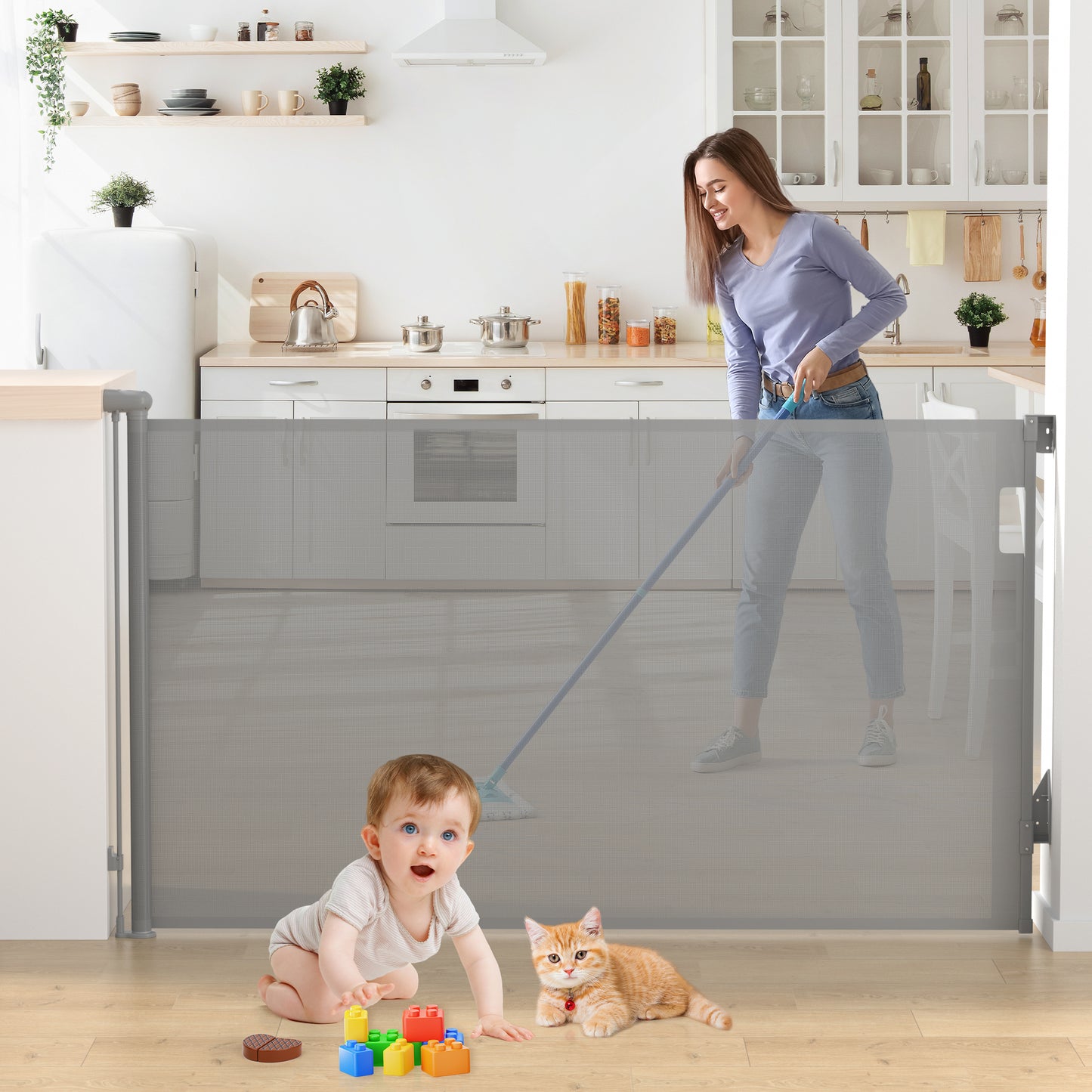 Vomeast Retractable Mesh Baby Gates, Extends up to 55in Wide, 37.4in Tall Safety Dog Gates for Stairs Doorways Hallways(Grey)