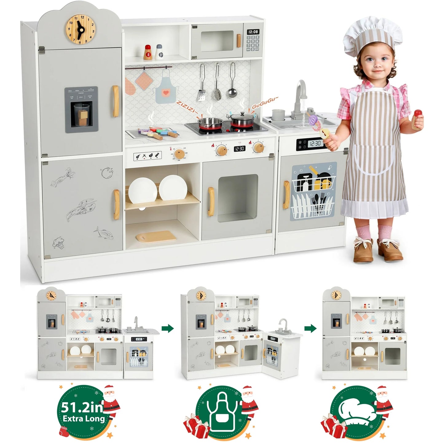 Wisairt Pretend Play Kitchen Set, 51.2" Extra Long Wooden Play Kitchen for Kids w/ Chef's Costume, Stove, Sink, Ice Maker, Oven, Microwave, Dishwasher, Realistic Lights Sounds