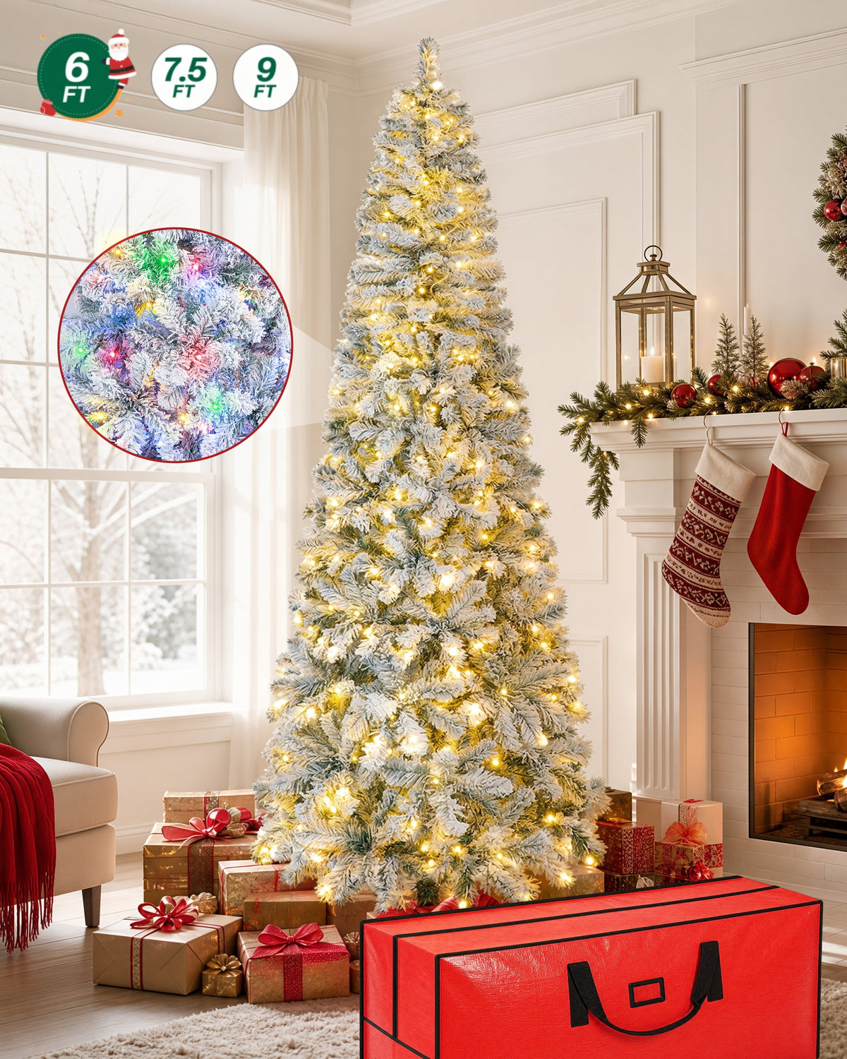 6FT Pre-Lit Flocked Pencil Christmas Tree, 508 Tips, 200 LED 11 Modes