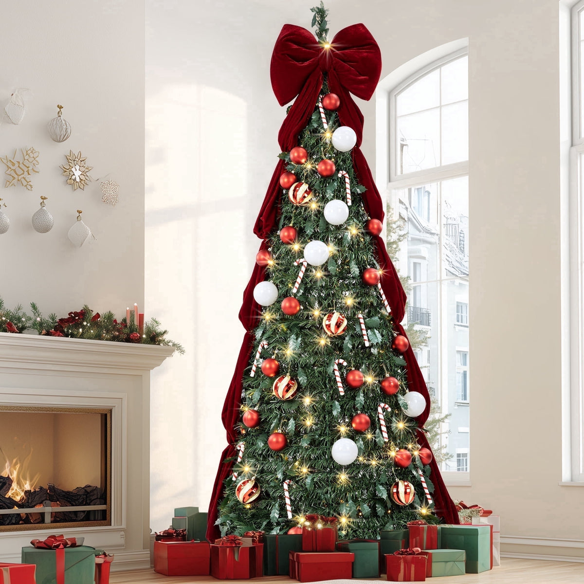 6FT Pop-Up Christmas Tree, 350 Warm White LEDs 8 Modes with Ornaments Set