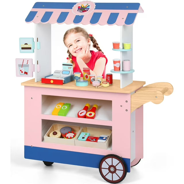 Wisairt Kids Grocery Store Play Set, Pretend Play Wooden Supermarket Shopping Toy w/ Cash Register Food Drink - Pink & Blue