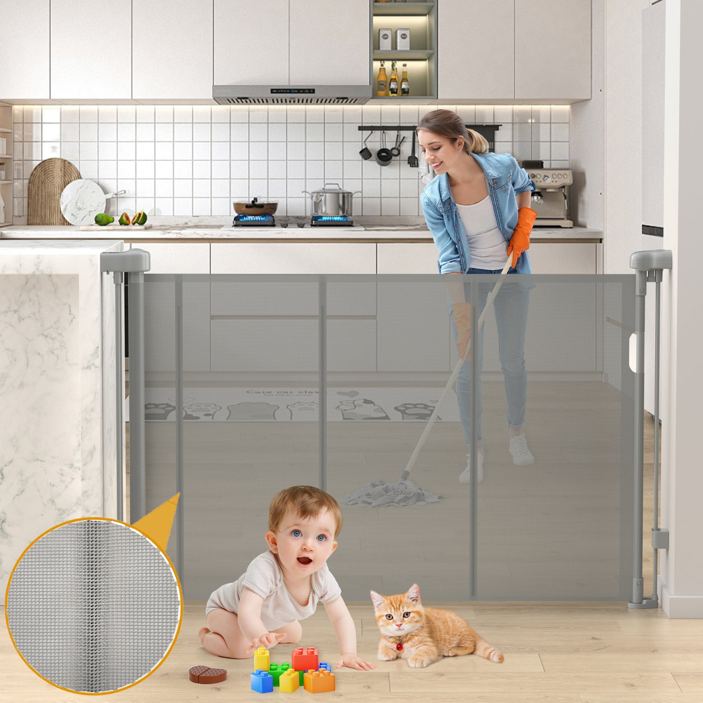 Vomeast Upgrade 60in/71in Extra Wide Retractable Baby Gates with Support Rods,Prevent Crawling Through Reinforced Dog Gates for Doorways Stairs Hallways(Grey)