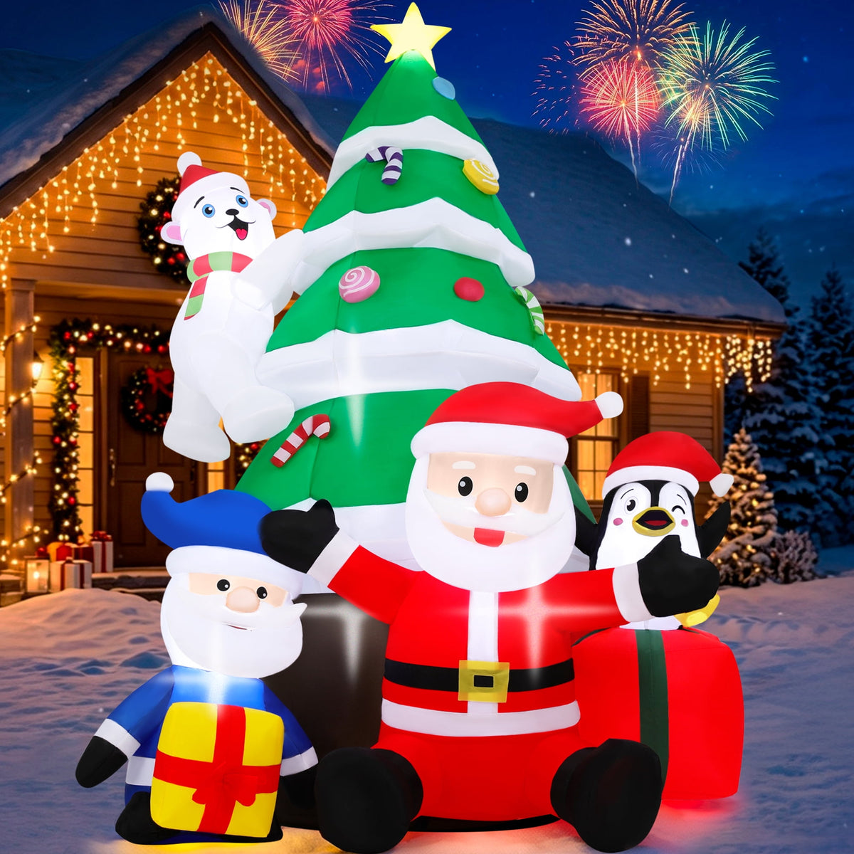 7FT Christmas Inflatable Santa Claus and Christmas Tree Gift Outdoor Yard Decoration with Built-in LED lihgts,10s Fast Blow-up