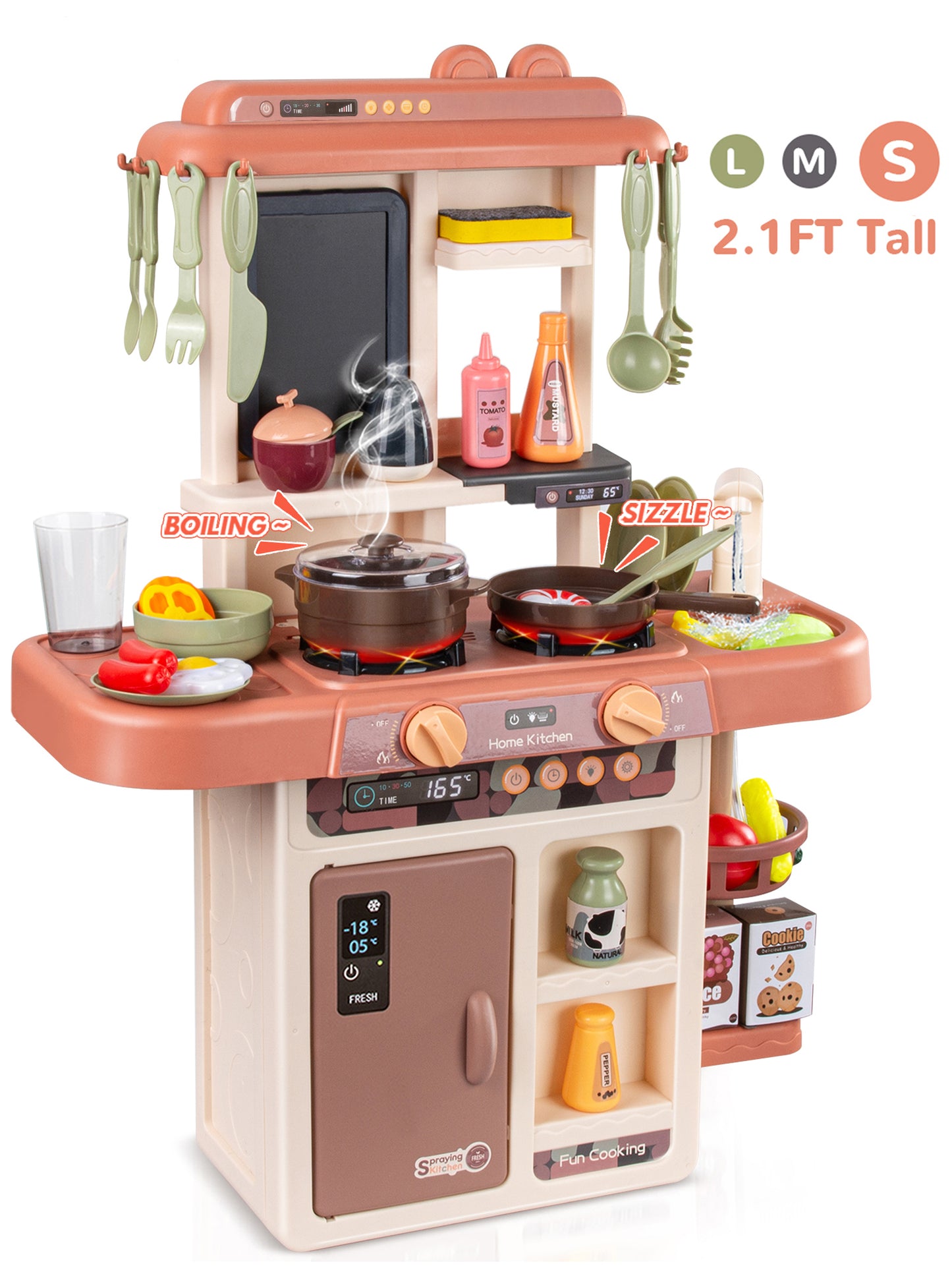Wisairt Play Kitchen Set for Kids, 2.1FT Tall Toy Play Kitchen w/ Realistic Lights Sounds Simulation Spray for Toddlers Girls Boys Gift 42Pcs