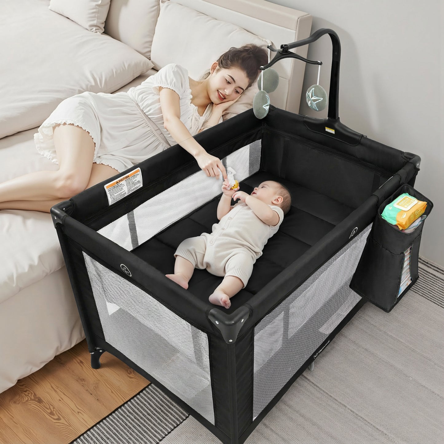 Vomeast Baby Playard Baby Bassinet,Portable Crib Pack and Play with Toy Bar,Foldable Play Yard(Grey)