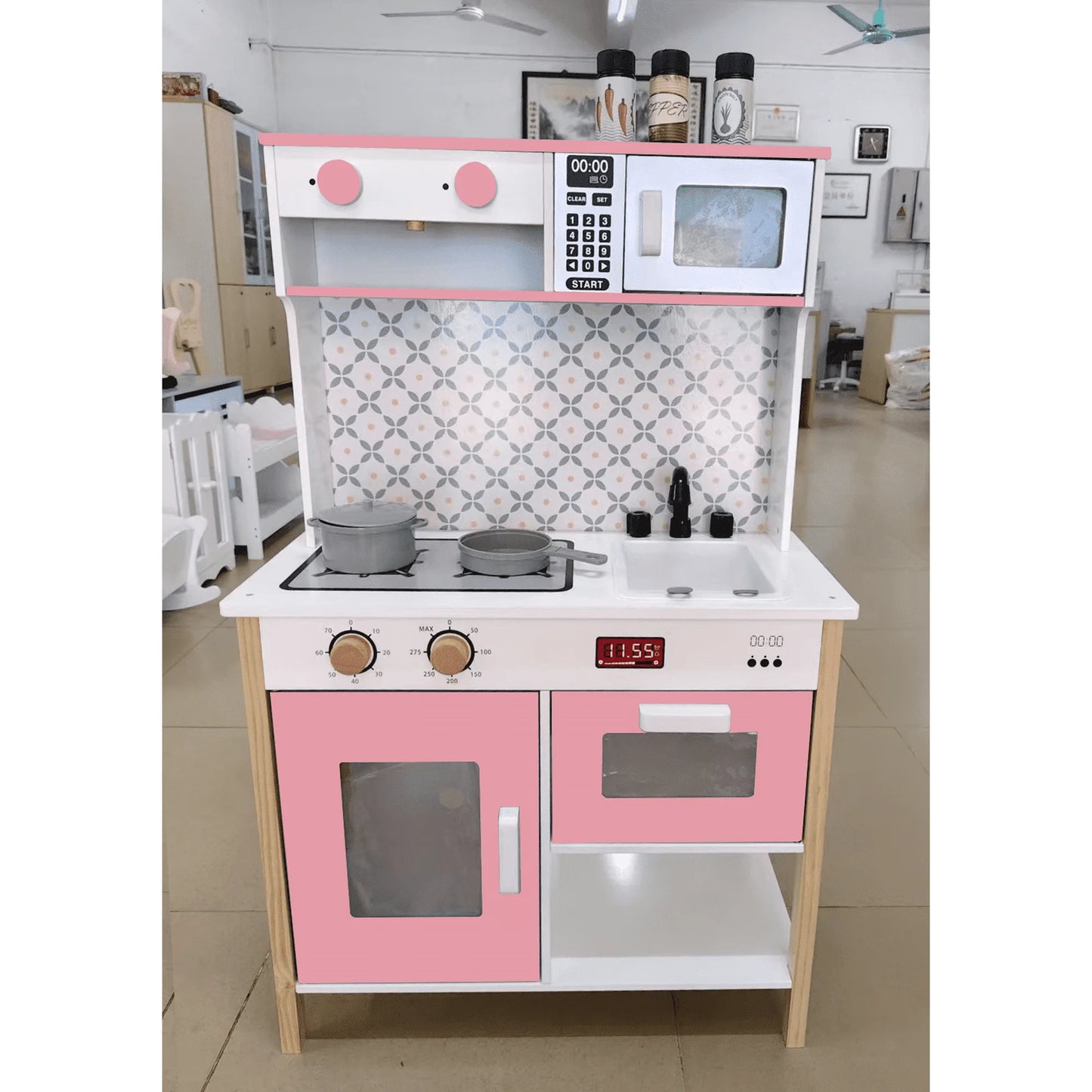 Wisairt Pretend Play Kitchen Set, 51.2" Extra Long Wooden Play Kitchen for Kids w/ Chef's Costume, Stove, Sink, Ice Maker, Oven, Microwave, Dishwasher, Realistic Lights Sounds