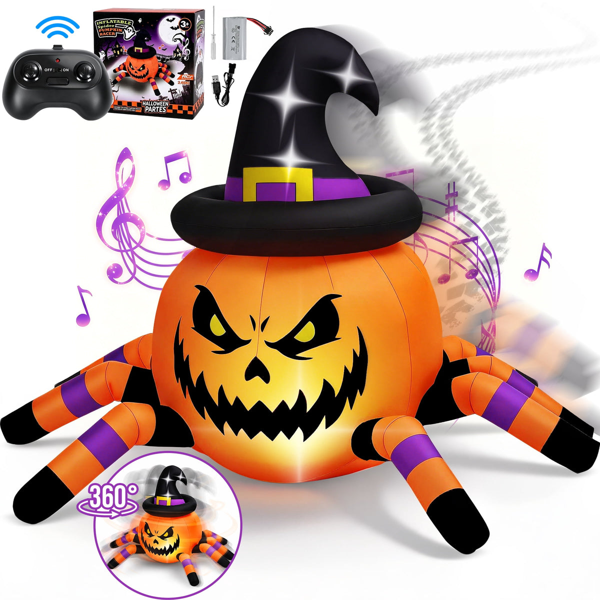 2.6ft Remote Control Halloween Inflatable Car with Music & Lights, Pumpkin Spider Blow-Up for Indoor/Outdoor Decor