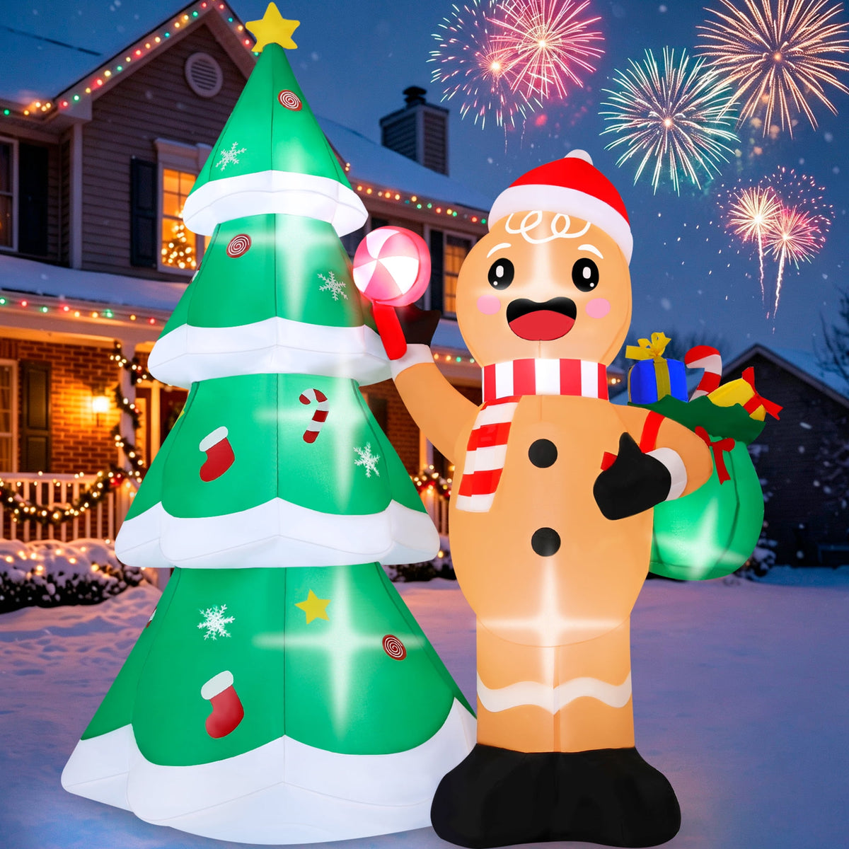 6FT Christmas Inflatable Gingerbread Man and Christmas tree Outdoor Yard Decoration with Built-in LED lihgts,10s Fast Blow-up