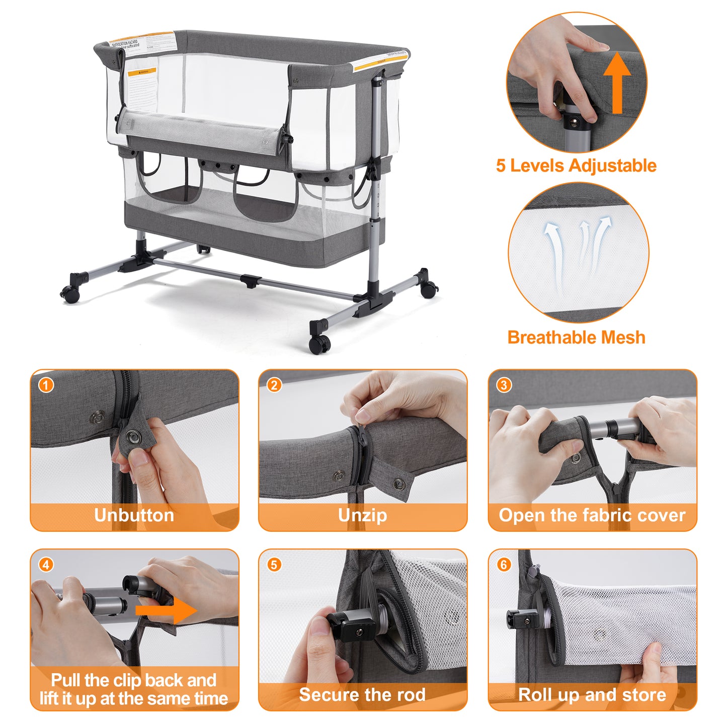 Vomeast Baby Bassinet Bedside Sleeper with Wheels, Adjustable Height, Storage Basket, Mosquito Net for Newborns Infants, Dark Gray