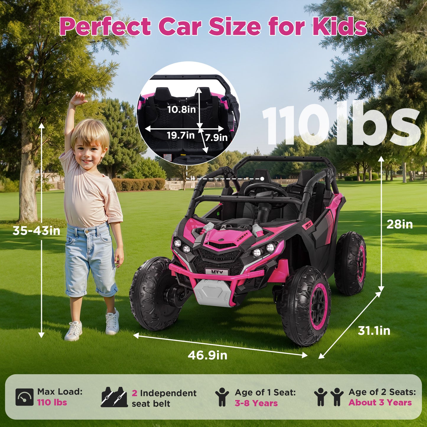 Wisairt 24V Ride on Toys 4WD Ride on Cars with Remote Control, 2 Seater Electric Car for Kids, Power Car Wheels, UTV w/ 4 Motors, Music, Lights, 3 Speeds, Pink