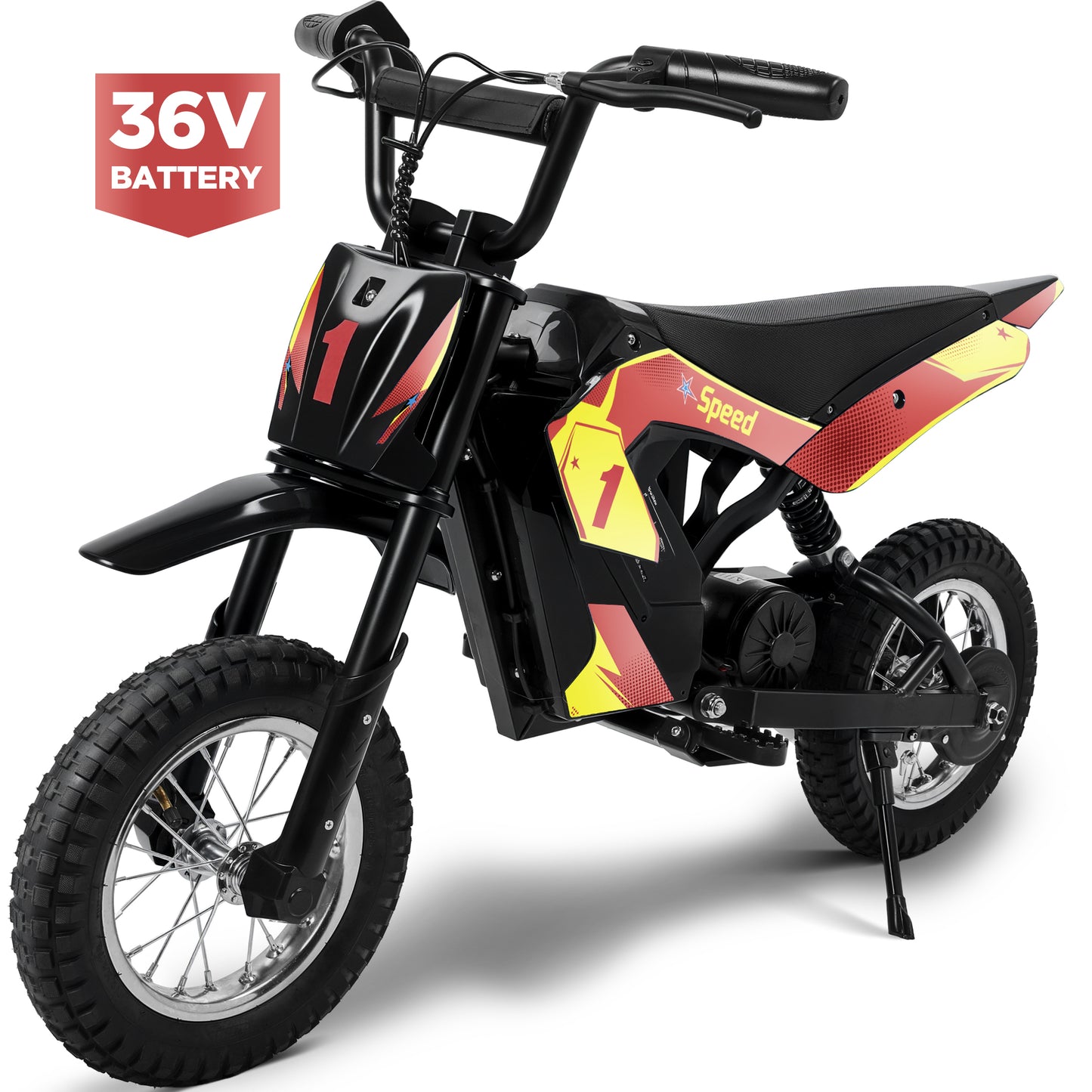 Wisairt 36V Kids Electric Dirt Bike, 15.5 MPH Electric Motorcycle Ride on Dirt Bike for Kids Aged 6-10, 133 lbs Max Load, 10-mile Range, 3 Speeds, Waterproof Seat, Twist Grip Throttle, Red & Gold