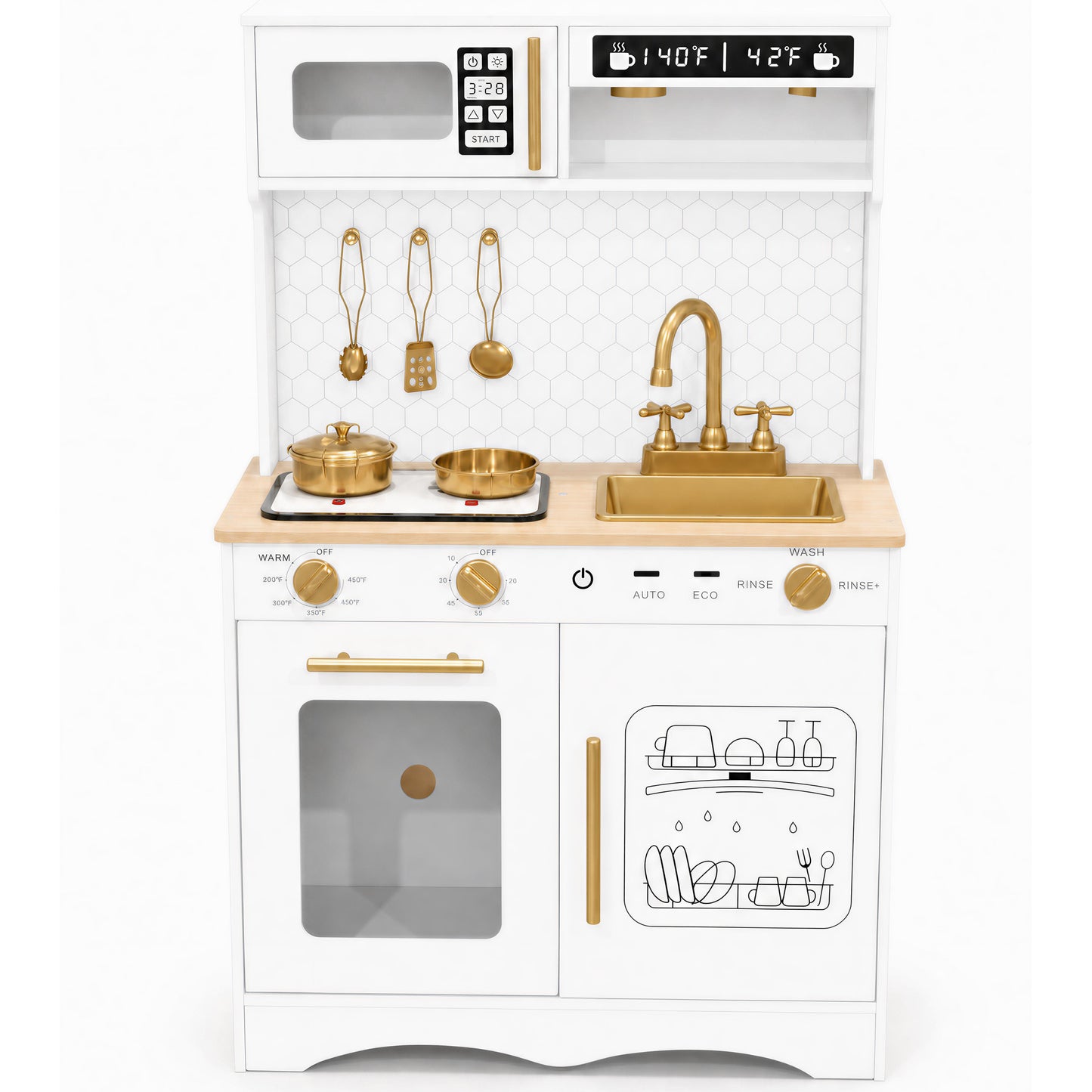 Wisairt Wooden Play Kitchen Set, Pretened kids play kitchen with Oven, Microwave, Coffee Maker for Boys Girls Age 3-8, White
